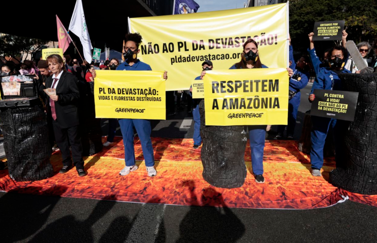 Manifestantes realizam protesto contra o PL da Devastação em São Paulo